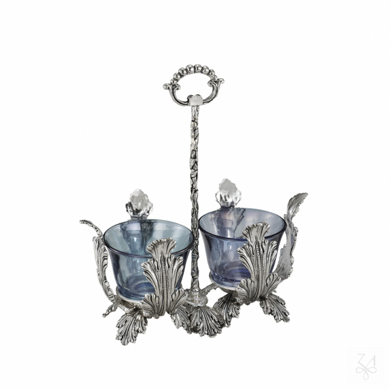 Double Salt Holder  w/ Blue Crystal - Mod. Acanthus Leaf