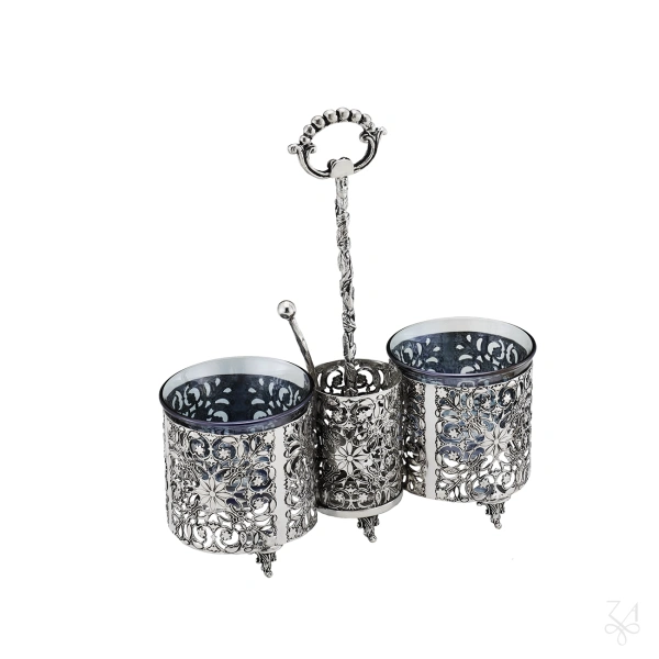 Double Salt Holder with Blue Crystal & Salt Spoon 2