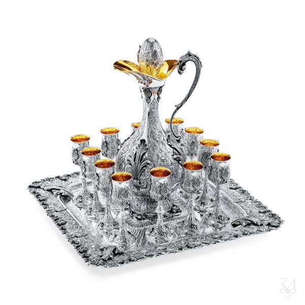 STERLING SILVER RELIGIOUS WINE BOTTLE SET WITH CUPS + PLATE 3