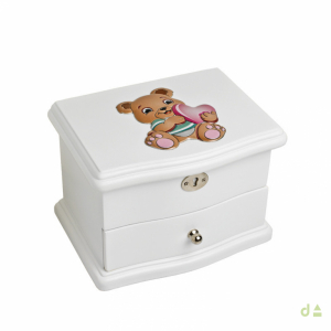 CAJA JOYERO MUSICAL+BAILARINA OSO C/ CORAZONES BLANCO 1